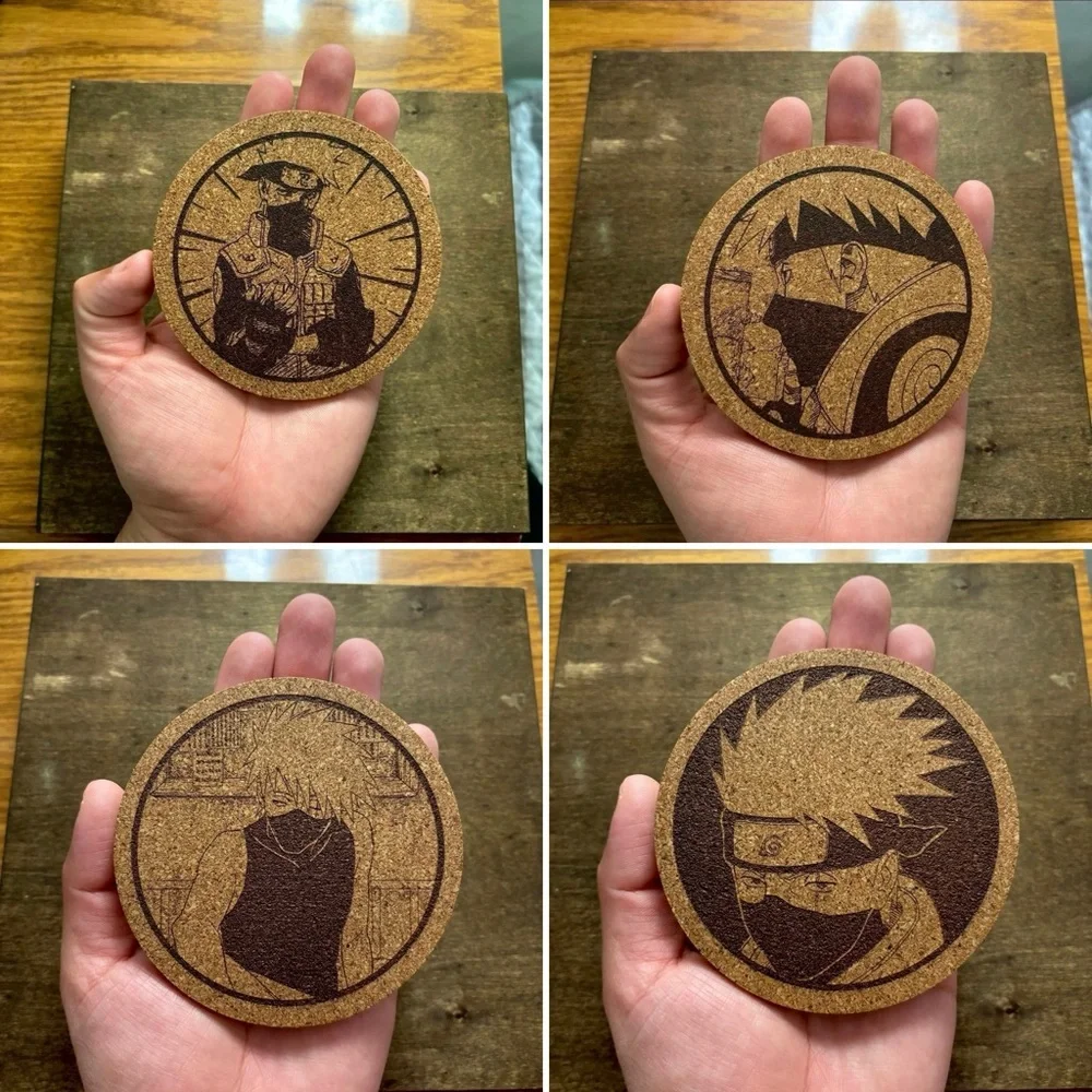 Naruto Kakashi Laser Engraved Cork Coasters Lot of 4